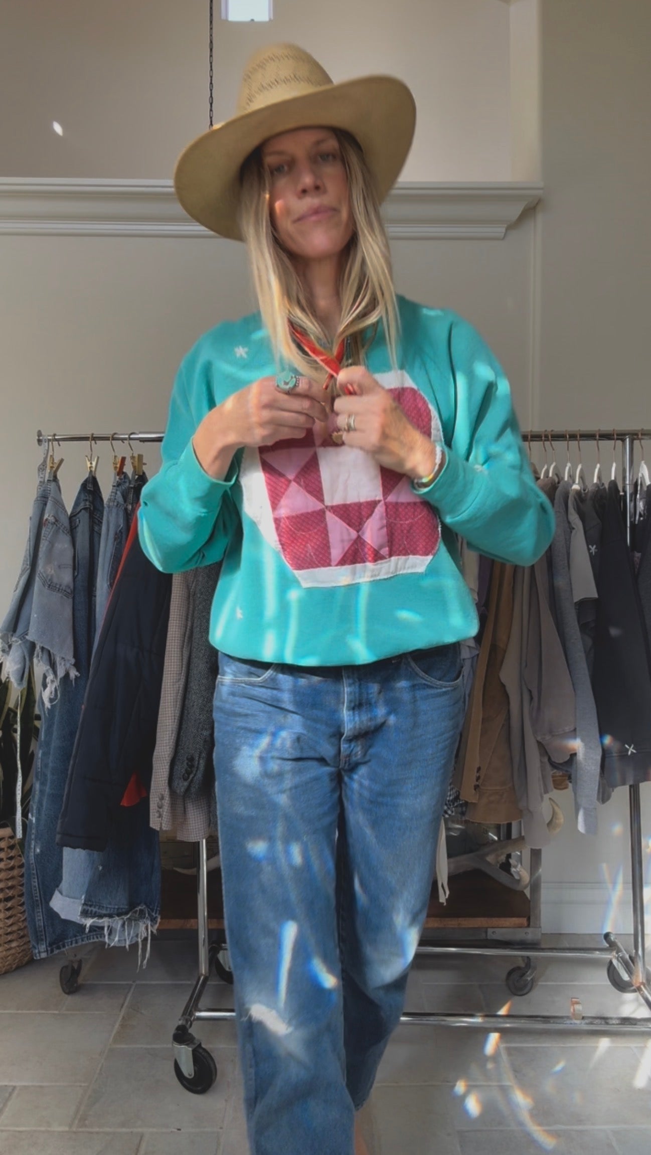 QUILTED CREW SWEATSHIRT- TEAL