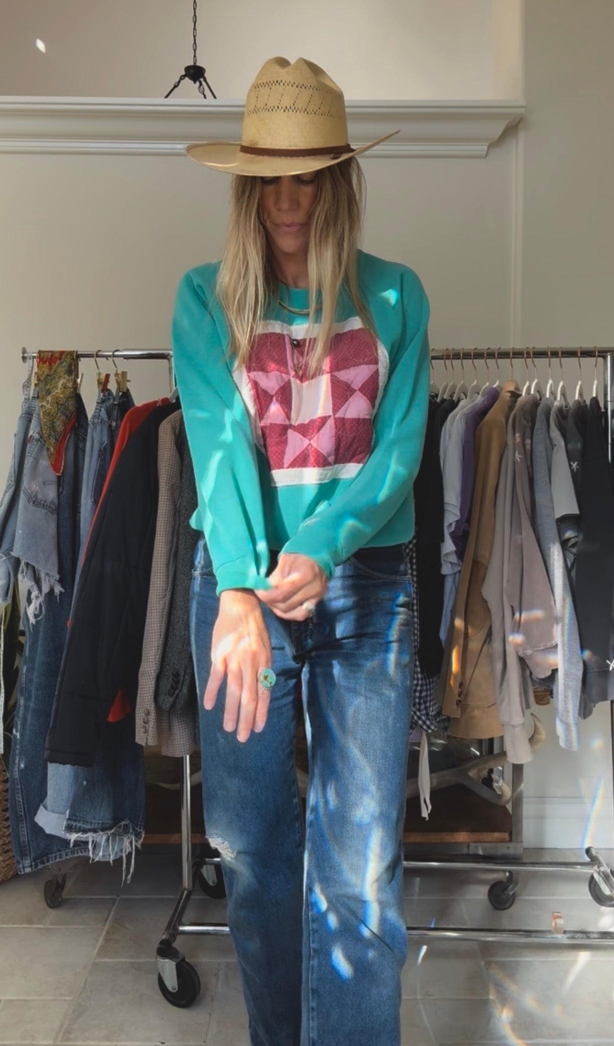 QUILTED CREW SWEATSHIRT- TEAL